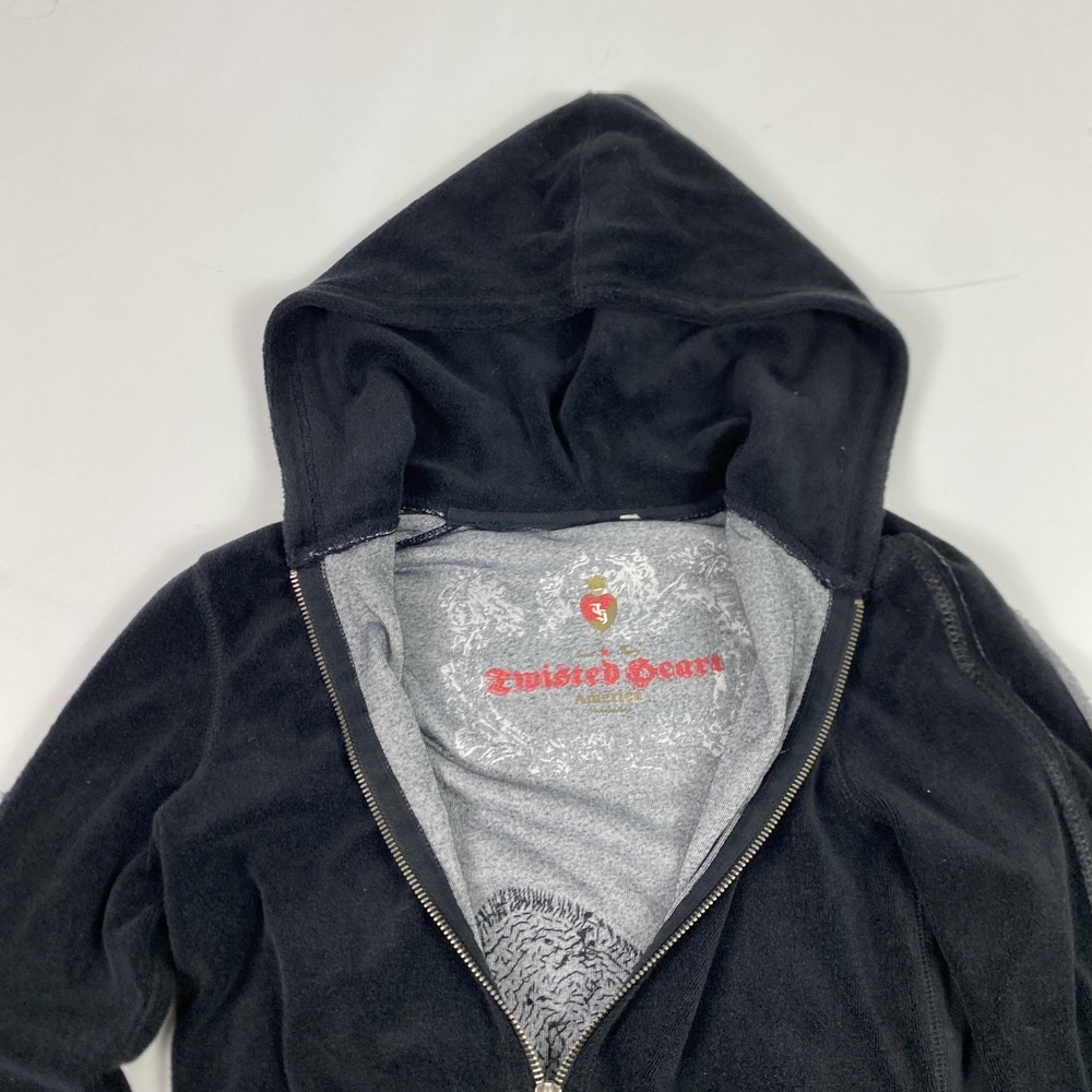 Twisted Heart Hoodie Womens Small Black Velour Beaded Heart Peace Zip Up - Picture 5 of 13